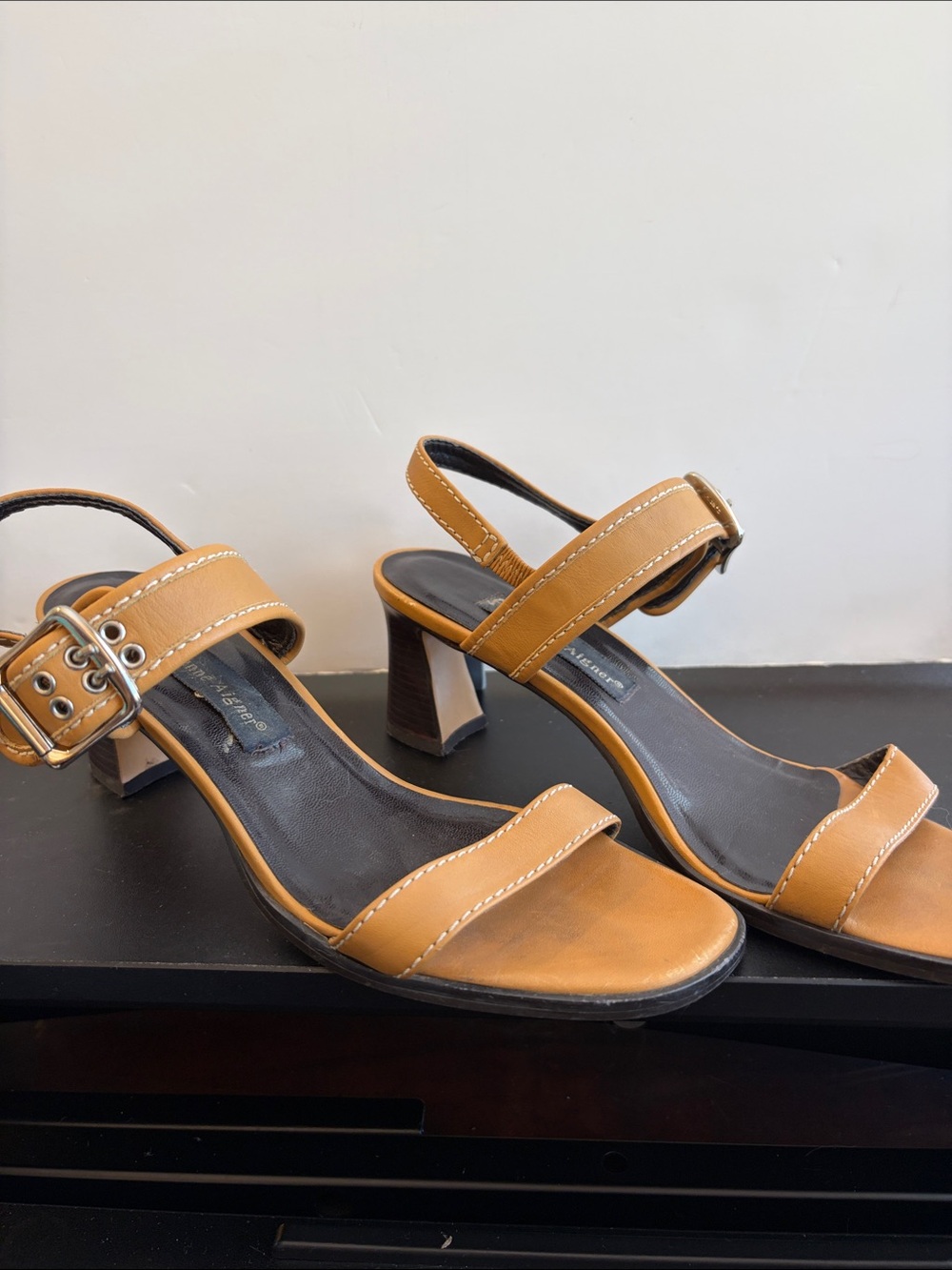 Etienne Aigner Tan Strappy Leather Mid Block Heel Sandals